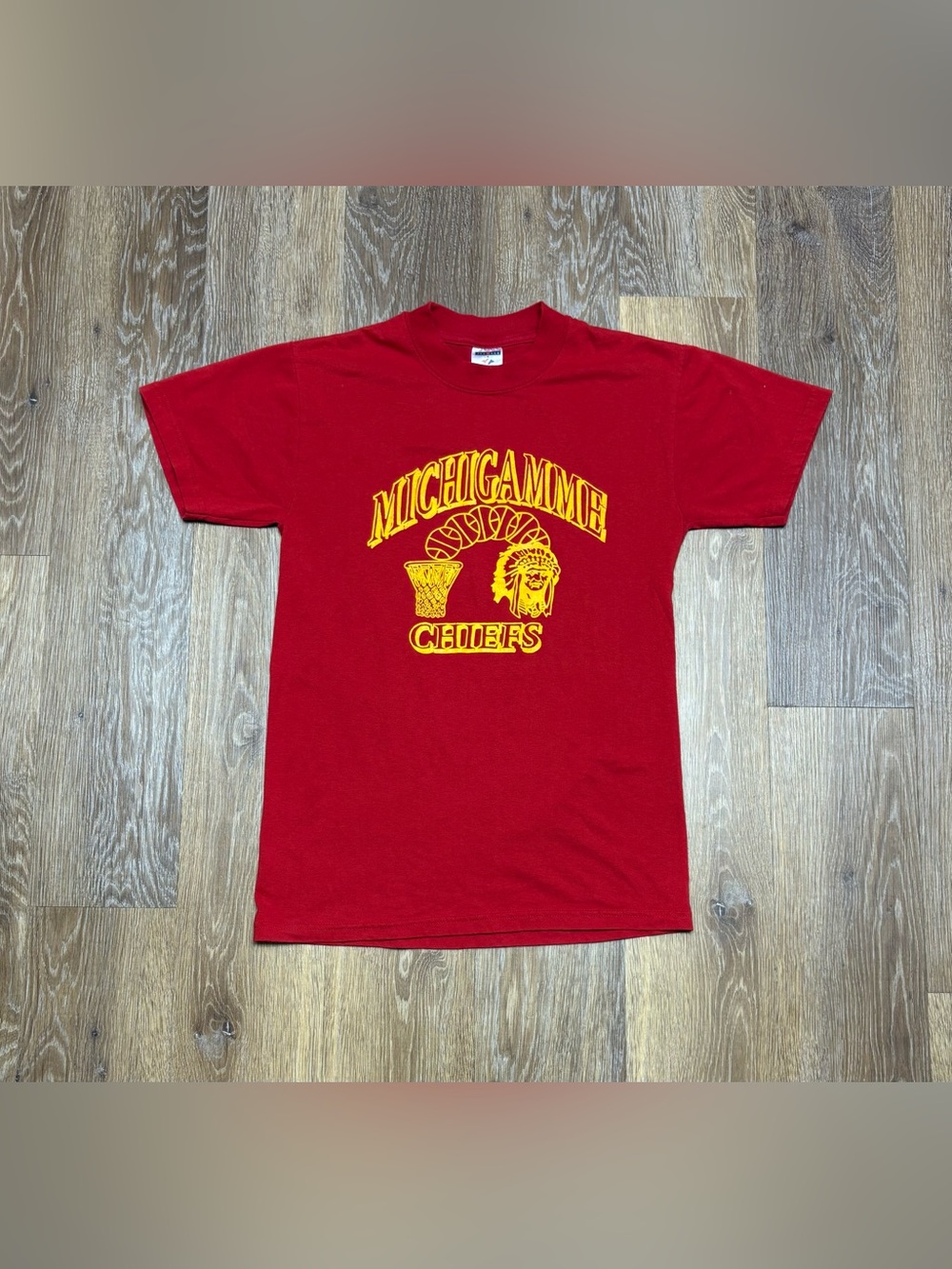 Jerzees Red T-Shirt with Yellow Michiganame Chiefs Graphic